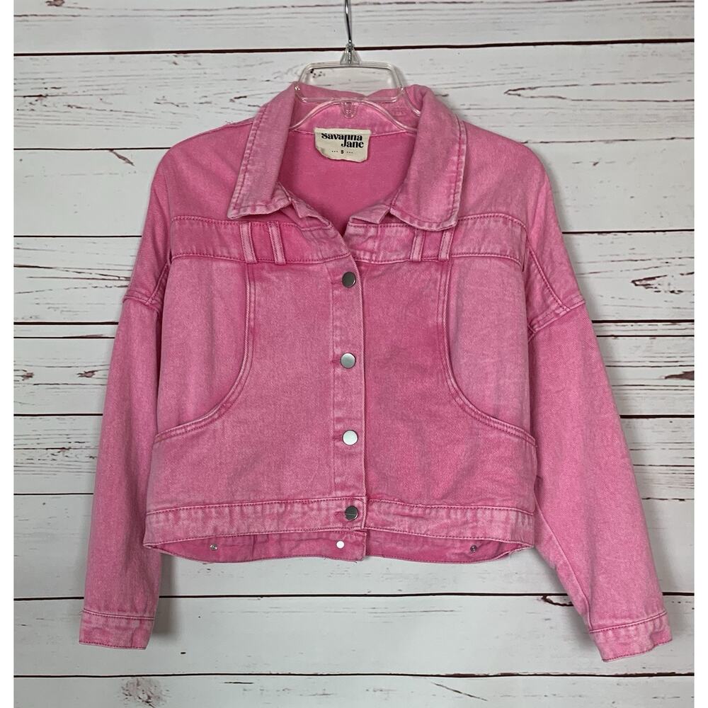 Savanna Jane Women's S Small Pink Denim Jean Acid Wash Cropped Button Jacket